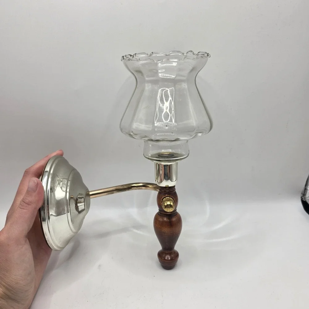 Home Interiors Vintage Wall Hurricane Candle‎ Holder Sconce Wood Brass Glass USA